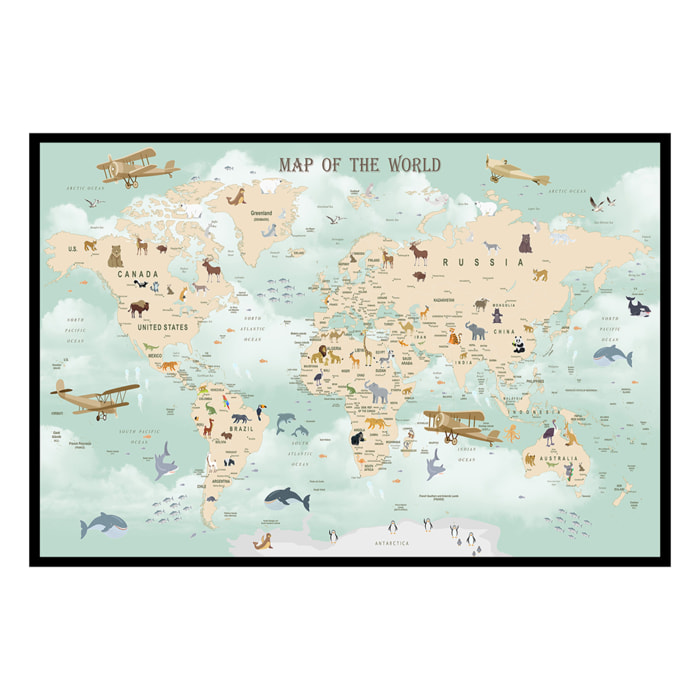 Affiche encadrée carte du monde animaux vintage Affiche + cadre en métal - Noir
