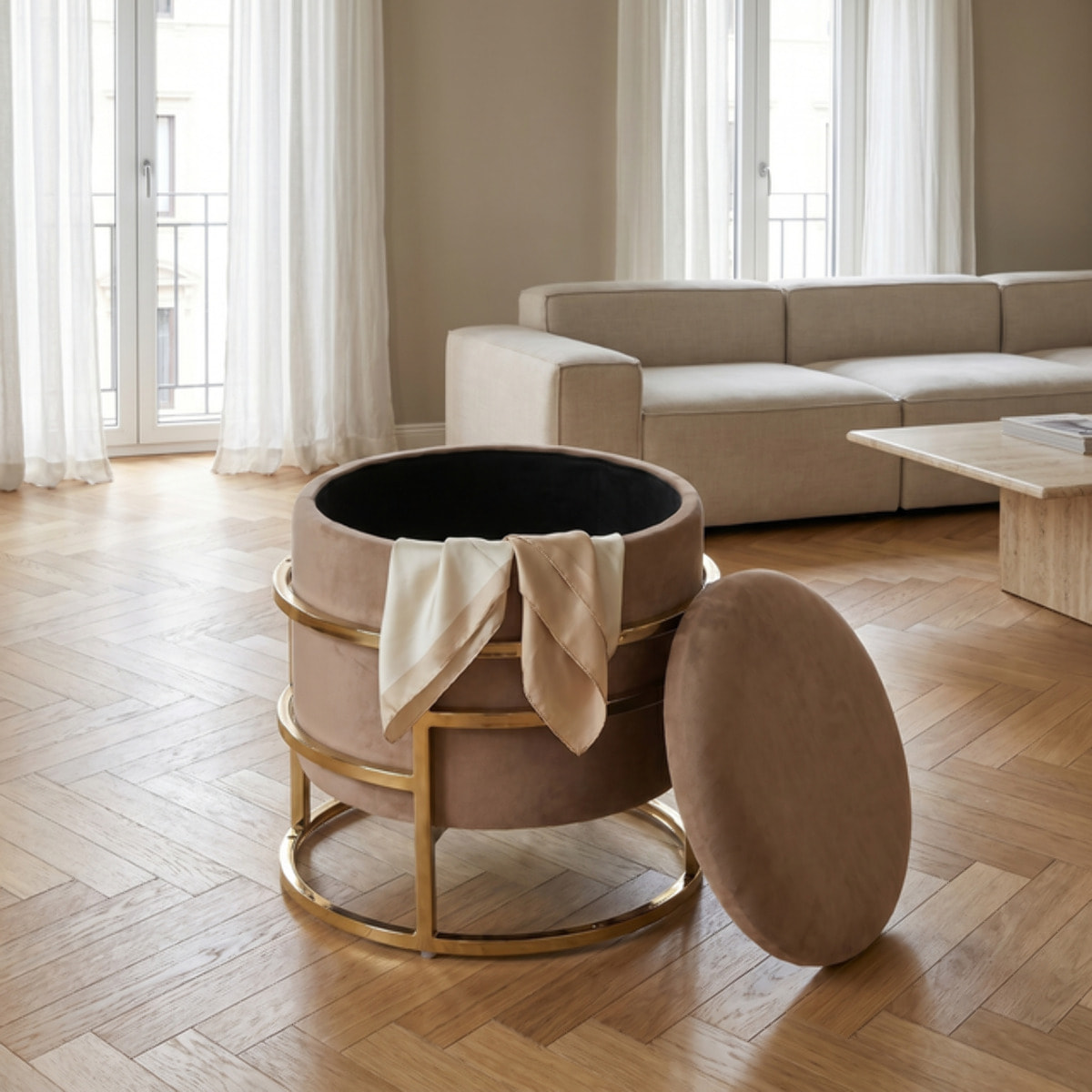 Pouf Contenitore Rotondo in Velluto con Coperchio e Base in Acciaio Dorata, Seduta Imbottita con Vano Contenitore dallo Stile Elegante per Soggiorno, Camera da Letto e Ingresso