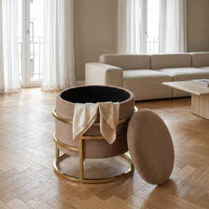 Pouf Contenitore Rotondo in Velluto con Coperchio e Base in Acciaio Dorata, Seduta Imbottita con Vano Contenitore dallo Stile Elegante per Soggiorno, Camera da Letto e Ingresso