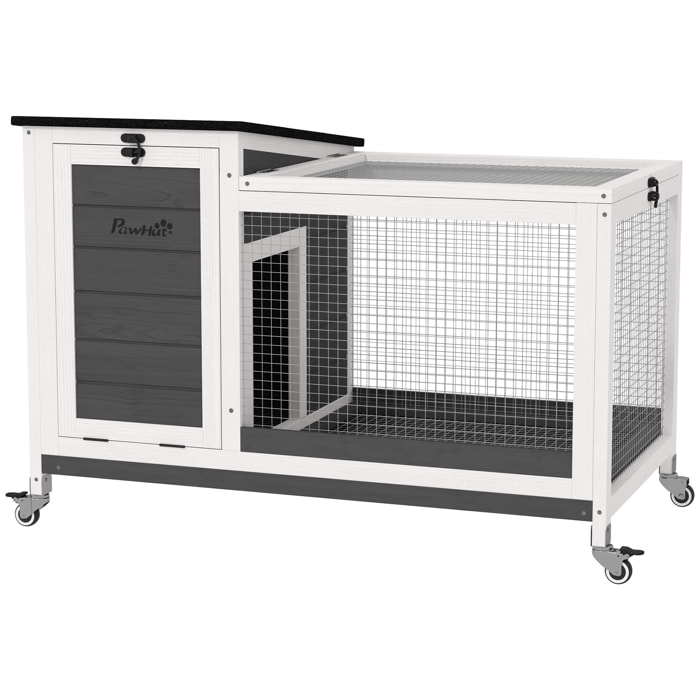 Conejera de Madera con Ruedas Jaula para Conejos con Techo Asfáltico Abatible Ventana Móvil y Bandeja Extraíble Conejera para Interior y Exterior 91x51x66 cm Blanco y Gris Oscuro