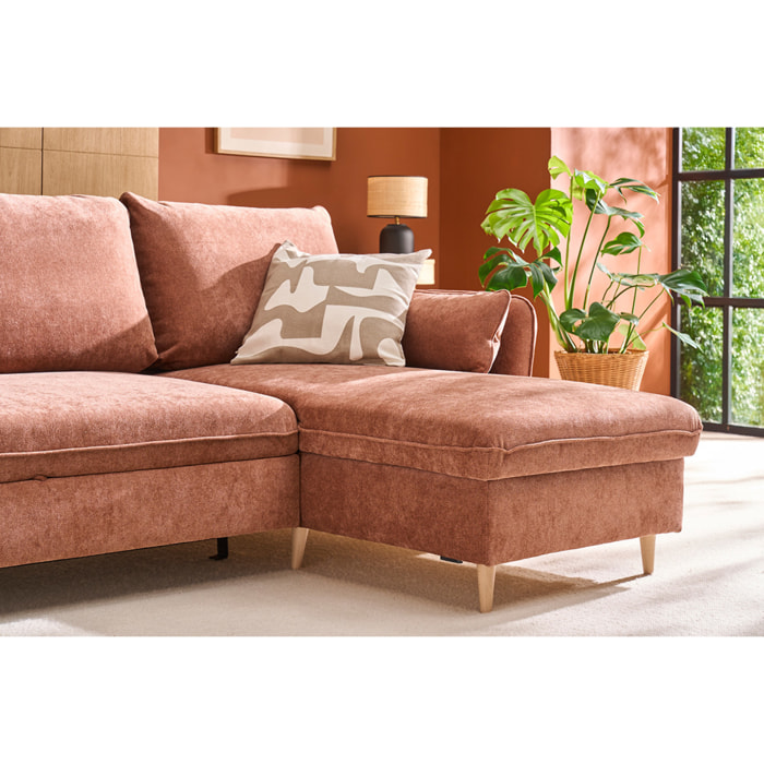 Canapé d'angle convertible réversible avec coffre 3-4 places en tissu effet velours terre brûlée et bois clair DRISS