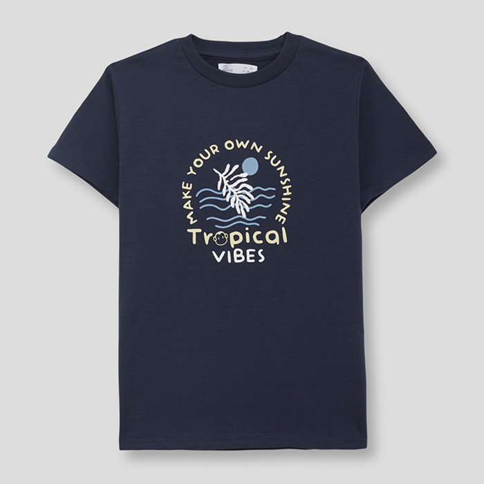 Camiseta de Manga Corta con Estampado Tropical Vibes con Olas y Palmera Estilo Surfero | Color: Marino | Street Monkey