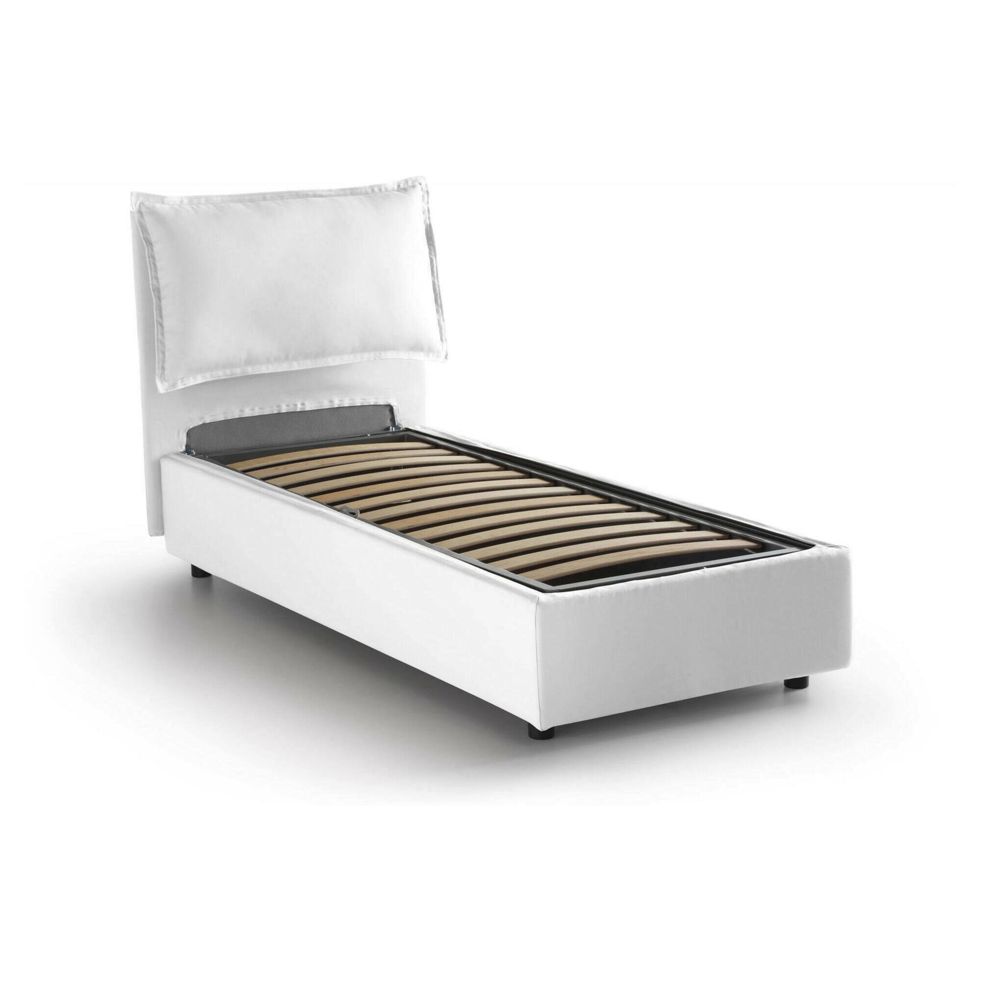 Letto singolo Aigor, Letto contenitore con rivestimento in tessuto, 100% Made in Italy, Apertura frontale, adatto per materasso Cm 90x190, Bianco