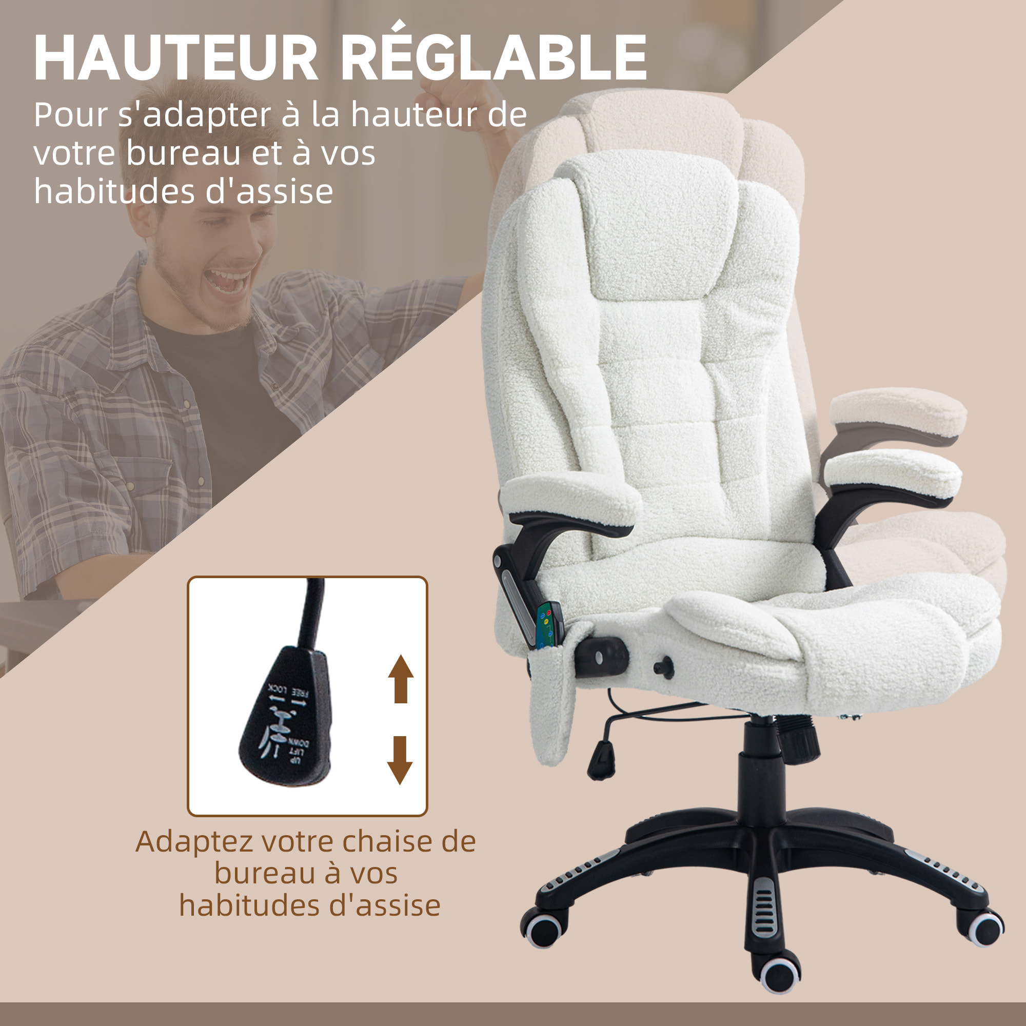 Fauteuil de bureau direction massant chauffant hauteur réglable dossier inclinable effet laine bouclée blanc