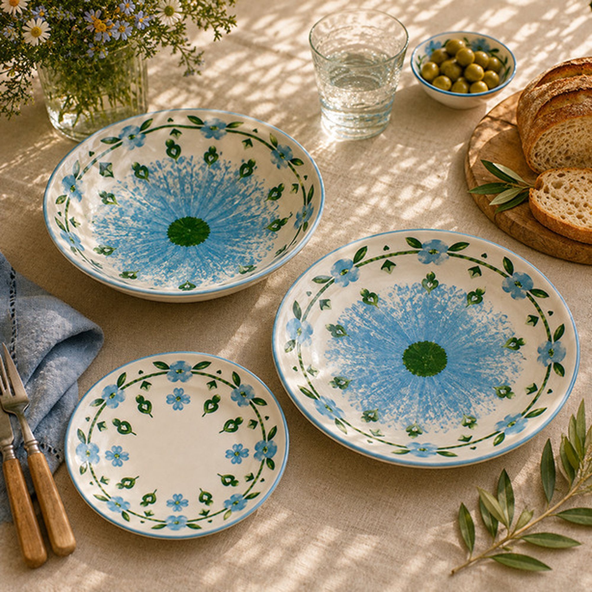 Lot de 6 assiettes plates 27cm en porcelaine blanc et bleu floral PRIMAVERA