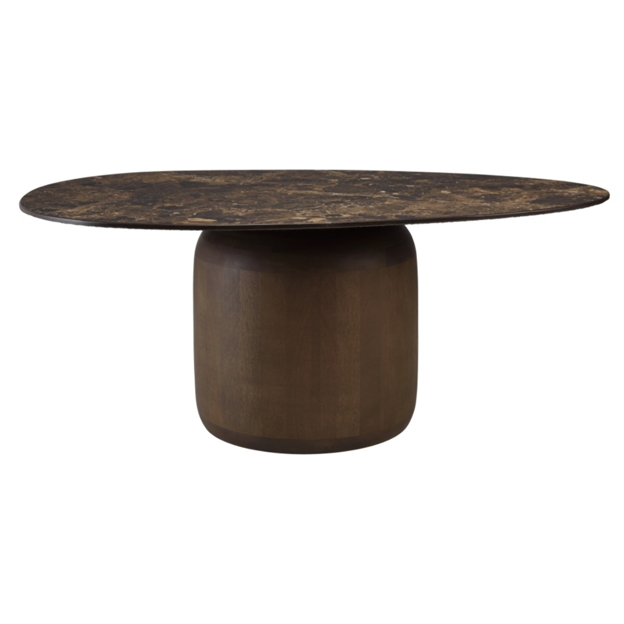 JAMES - Table basse ovoïde plateau céramique marron pied en manguier