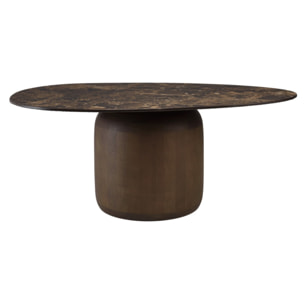 JAMES - Table basse ovoïde plateau céramique marron pied en manguier