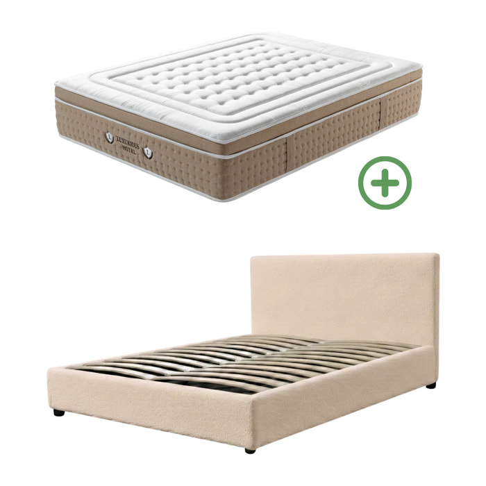 Ensemble matelas Bali & lit coffre Colisée | Mémoire de forme et ressorts ensachés | Grande capacité de stockage | Velours côtelé | Beige