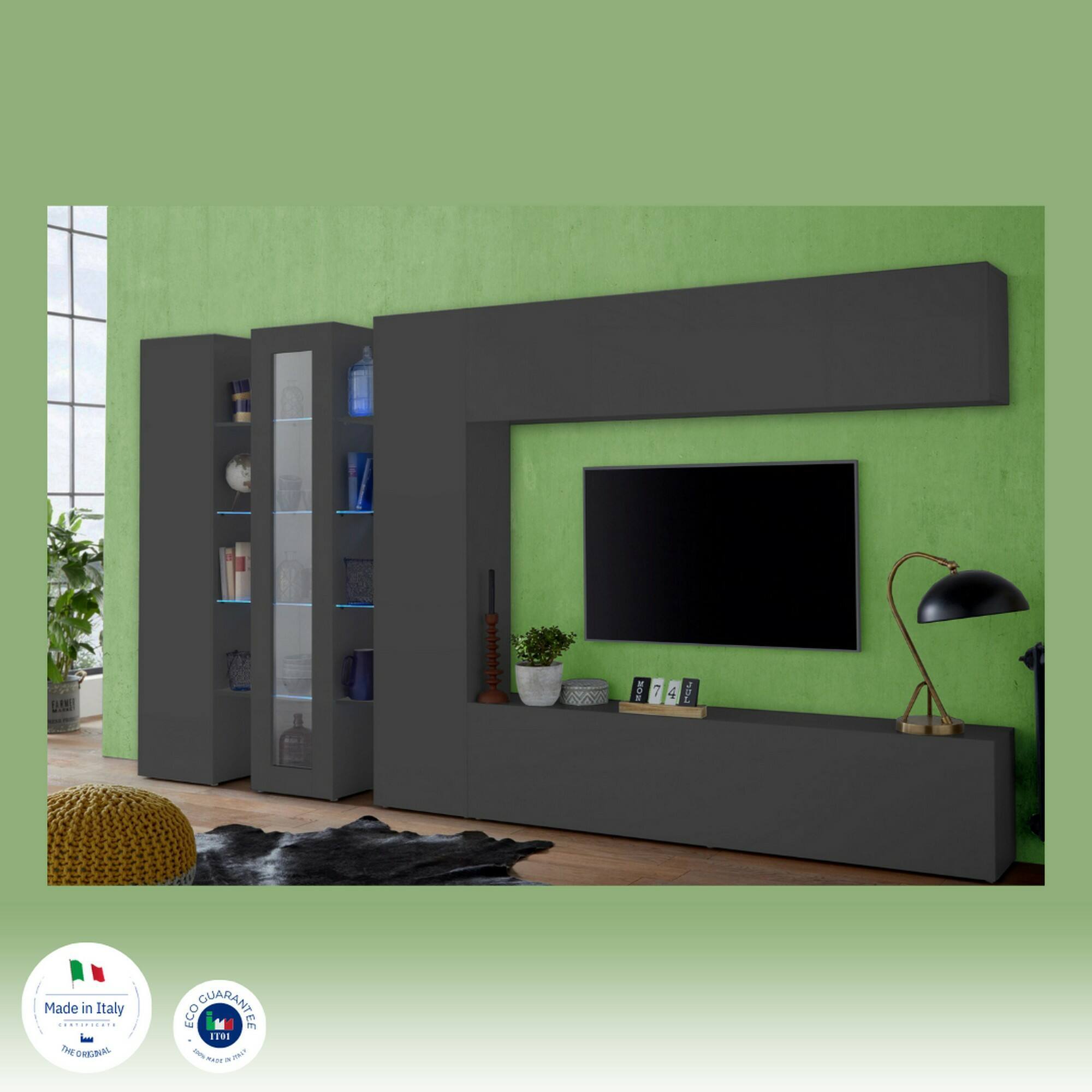 Parete attrezzata Ivano, Set salotto porta TV, Mobile soggiorno con vetrina e luce LED, 100% Made in Italy, cm 320x30h180, Antracite