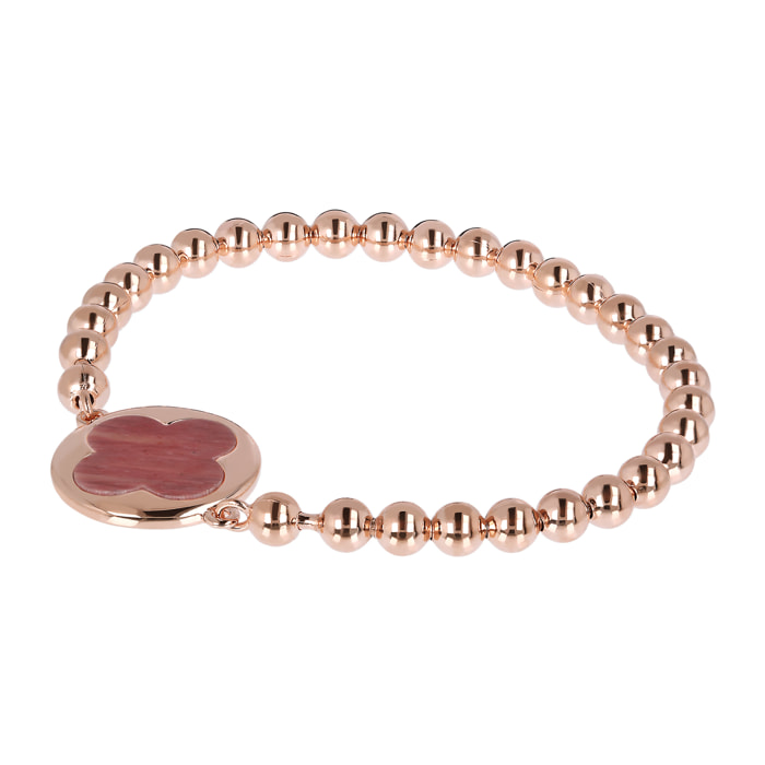 Bracciale a Sfere Golden con Ciondolo Quadrifoglio in Quarzite Rossa Placcato Oro Rosa 18kt