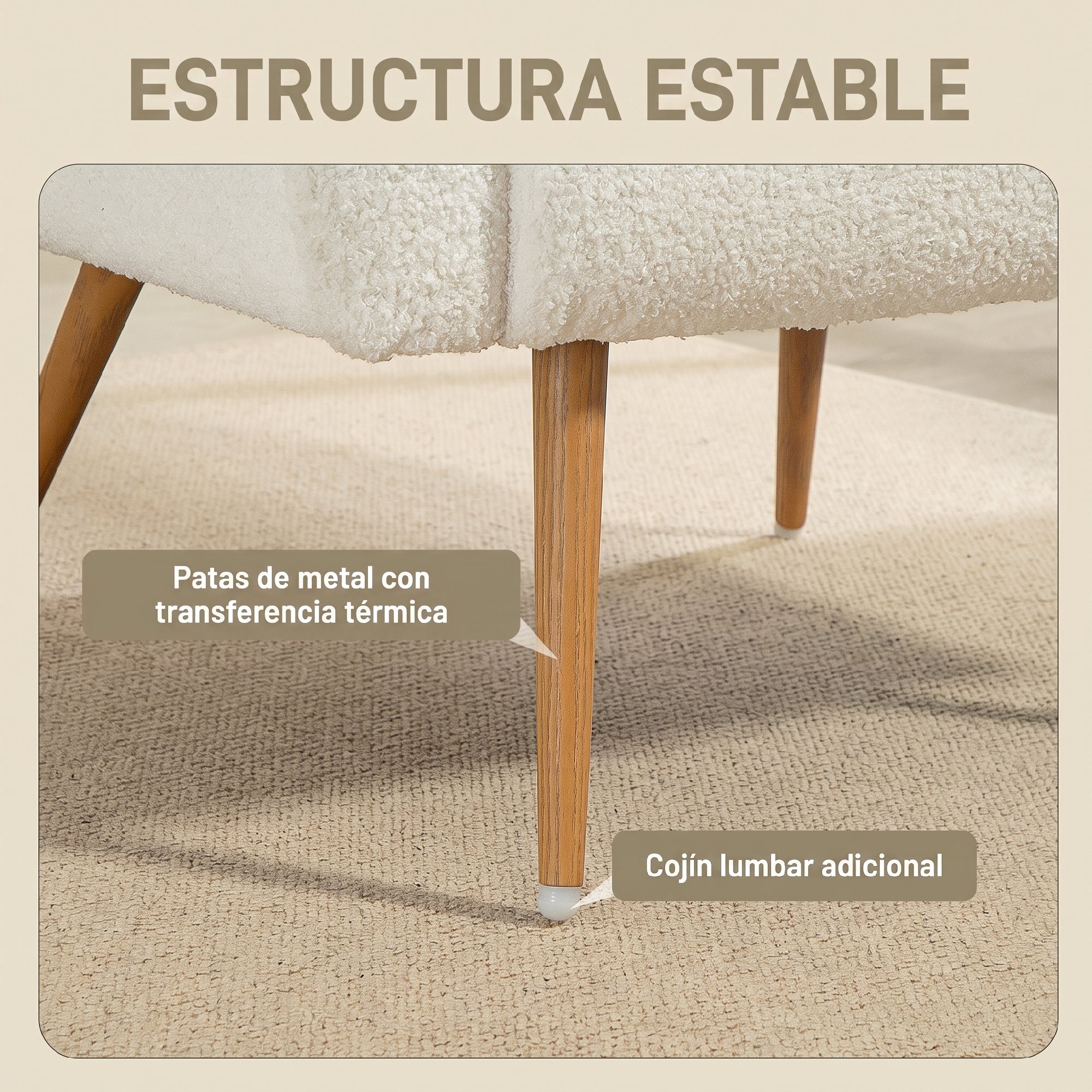 HOMCOM Sillón de Salón de Tela Teddy, Butaca de Salón con Cojín Lumbar Desmontable, Patas de Metal con Efecto Madera, Sillón de Relax para Dormitorio, Oficina, Estudio, Blanco Crema
