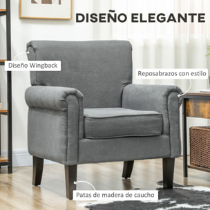 Butaca de Salón Tapizada en Tela, Sillón Relax con Reposabrazos, Asiento Extraíble y Lavable, Patas de Madera, para Dormitorio, Balcón, Estilo Moderno, Carga 150 kg, 79x72,5x88 cm, Gris Oscuro