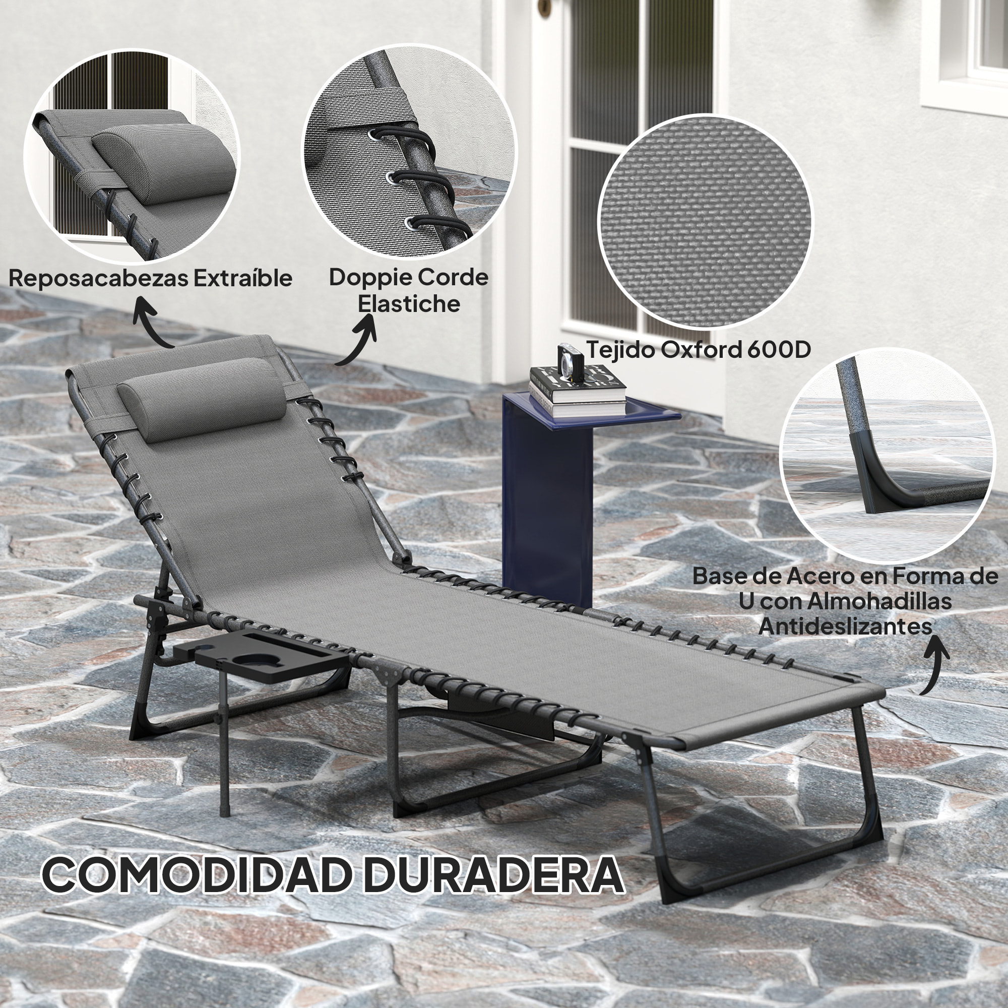 Tumbona Plegable Tumbona Jardín Exterior con Respaldo Ajustable Reposacabezas Bolsillo Lateral Bandeja y Estructura de Acero Carga 120 kg para Terraza Piscina Playa 190x60x31 cm Gris
