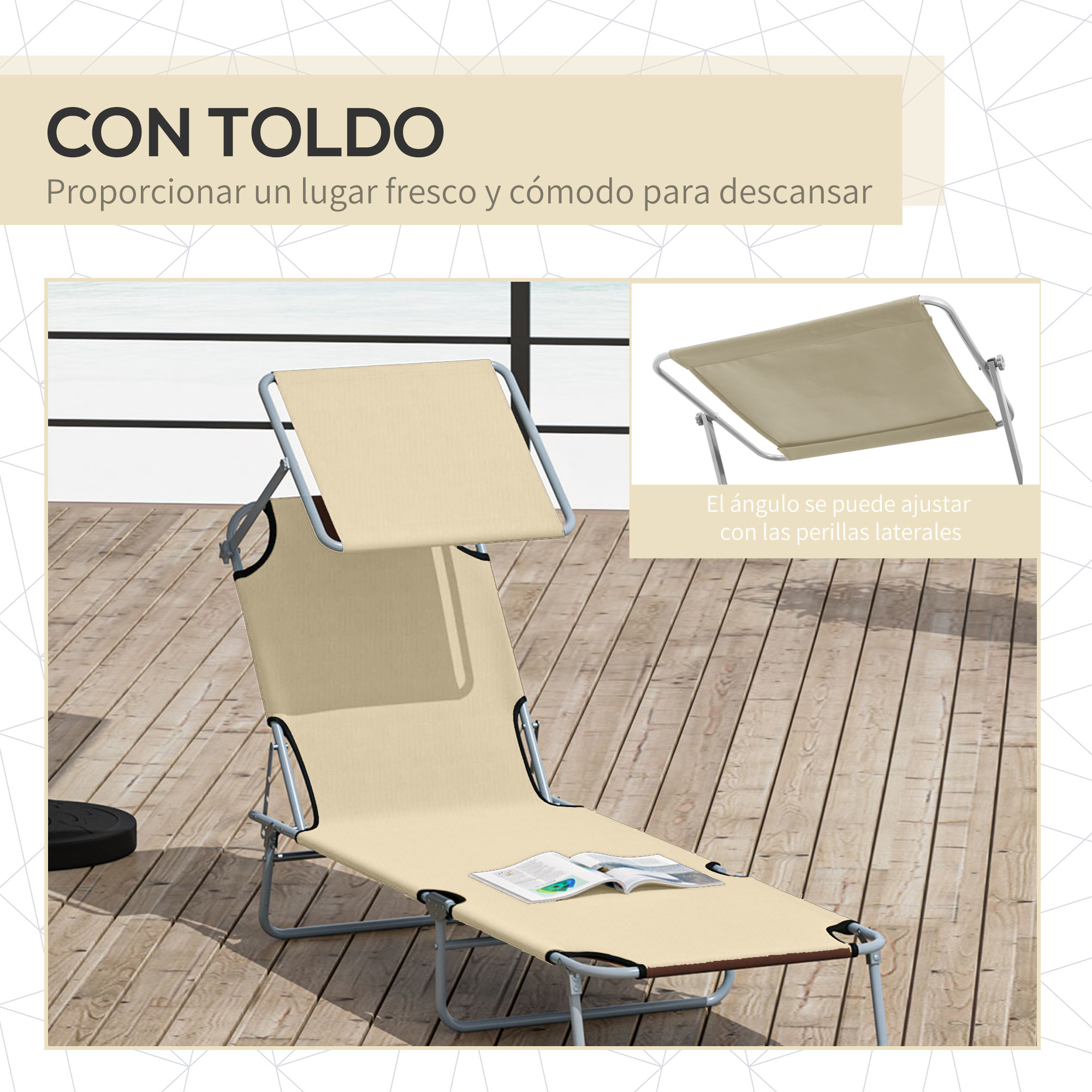 Tumbona de Jardín Plegable con Toldo Desmontable y Regulable Respaldo Reclinable para Terraza Acampada al Aire Libre 187x58x36 cm Beige