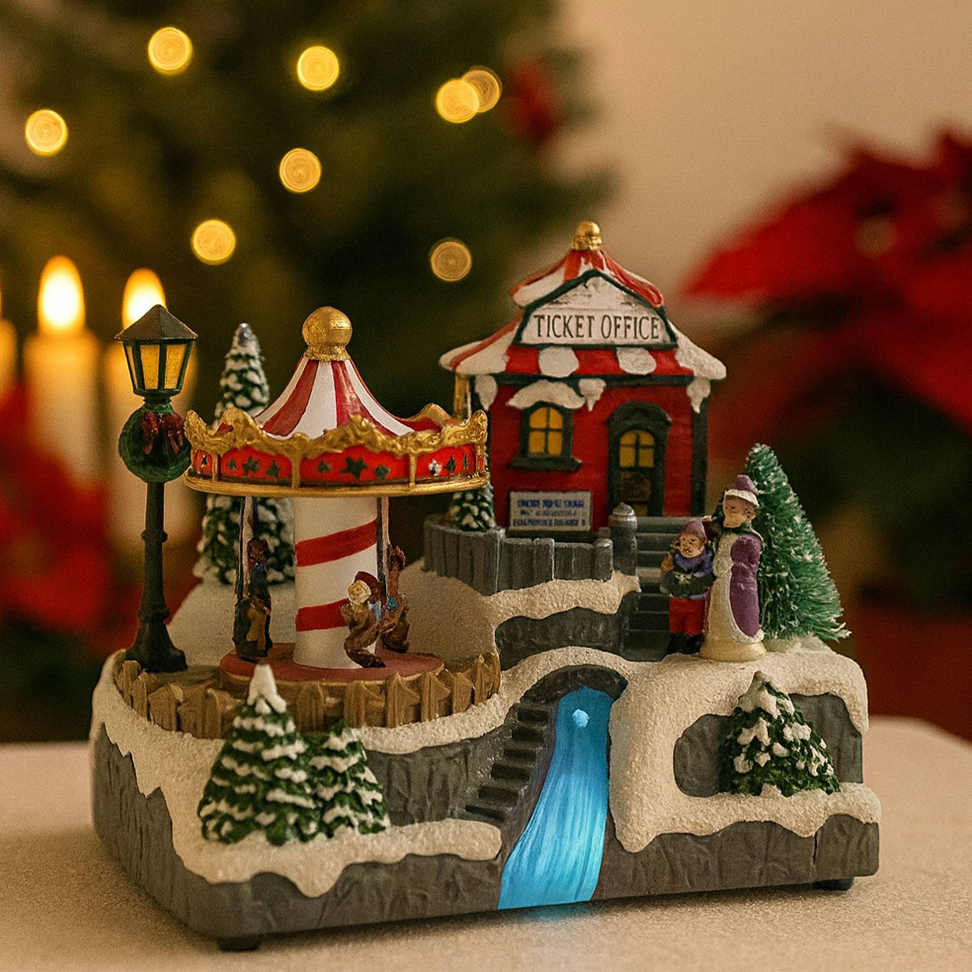 Pueblo navideño decorativo con rio en movimiento, luces led y música