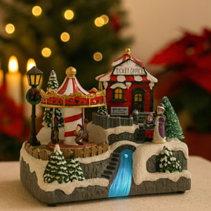 Pueblo navideño decorativo con rio en movimiento, luces led y música