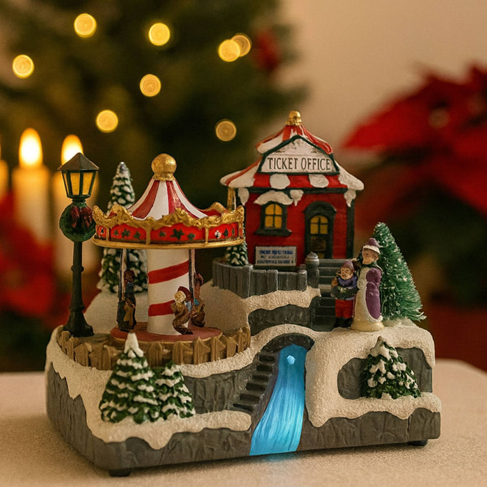 Pueblo navideño decorativo con rio en movimiento, luces led y música