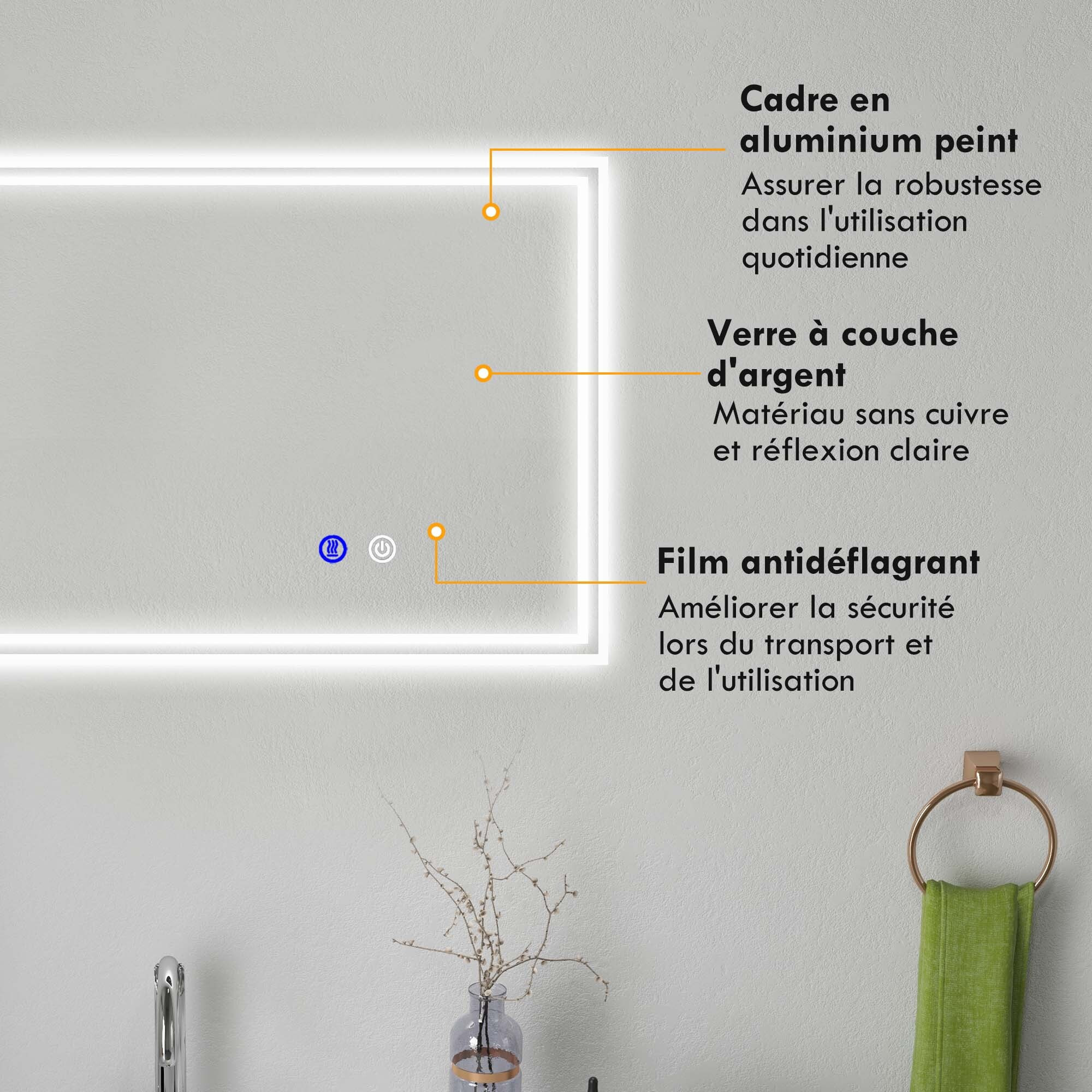 Miroir LED mural de salle de bain - 100L x 60H cm - luminosité réglable 3 couleurs - interrupteur tactile - système antibué