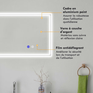 Miroir LED mural de salle de bain - 100L x 60H cm - luminosité réglable 3 couleurs - interrupteur tactile - système antibué