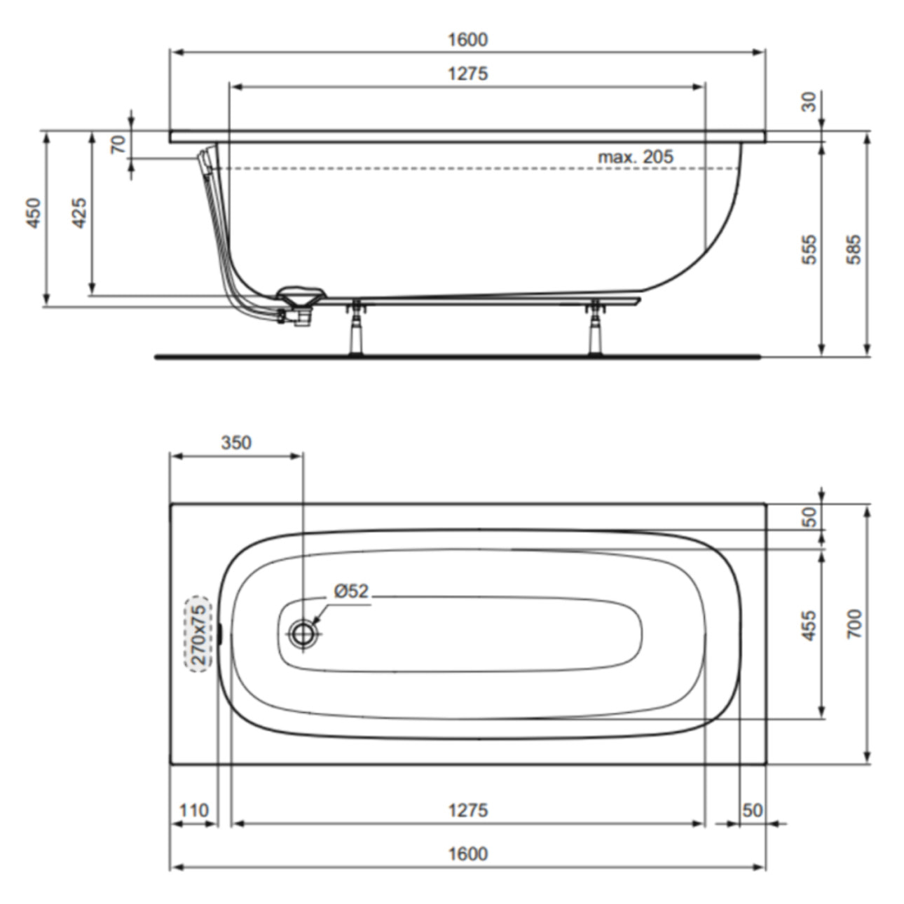 Baignoire droite 160 x 70 i.life