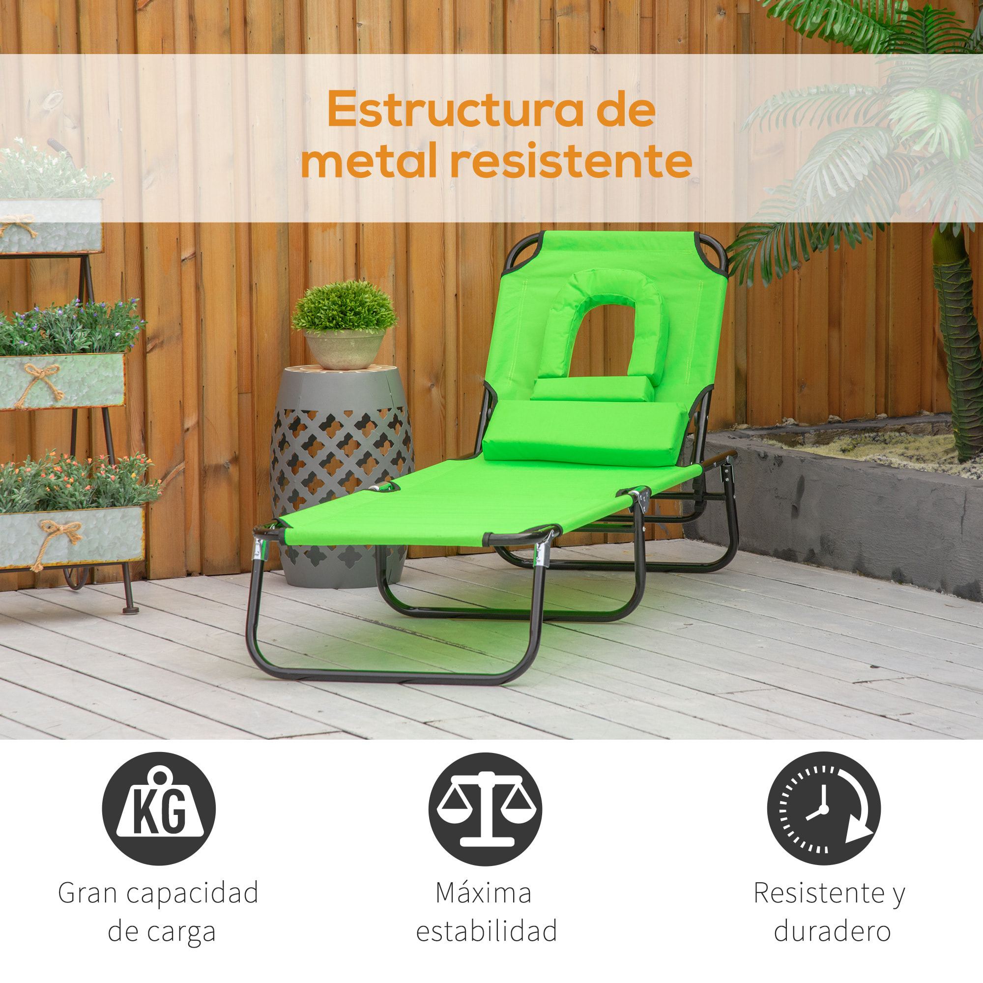 Outsunny Tumbona Plegable con Respaldo Regulable en 4 Posiciones Tumbona de Jardín con Orificio de Lectura Almohada Marco Metálico y Tela Oxford para Playa Terraza Carga 120 kg 190x56x28 cm Verde