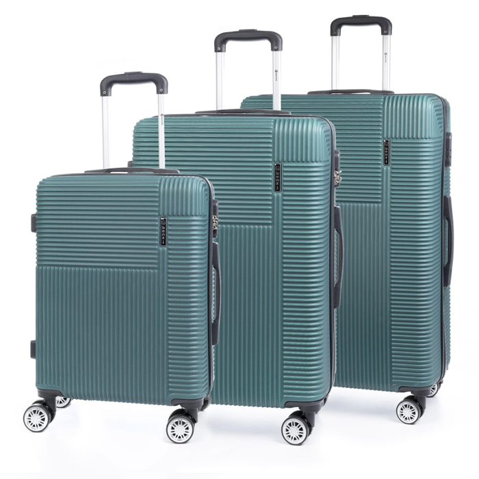 Set di 3 valigie trolley rigide ultraleggere, realizzate in ABS ad alta resistenza. Blocco numerico, 4 ruote girevoli a 360°.