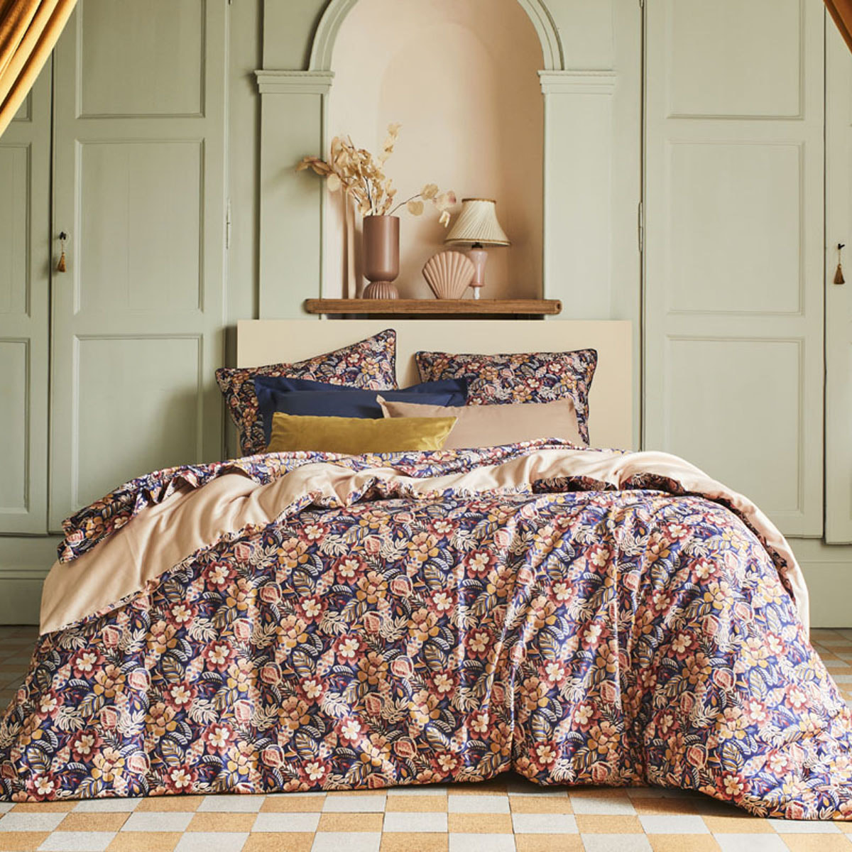 Parure de lit Housse de couette + taies rectangles en coton, FOLK FLOWERS, Multicolore
