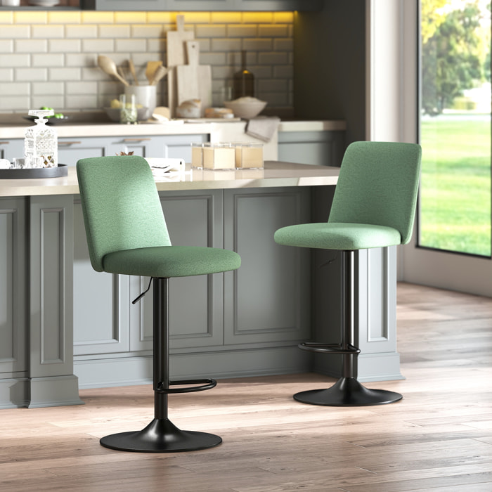 Lot de 2 tabourets de bar tissu vert hauteur réglable piètement acier noir mat