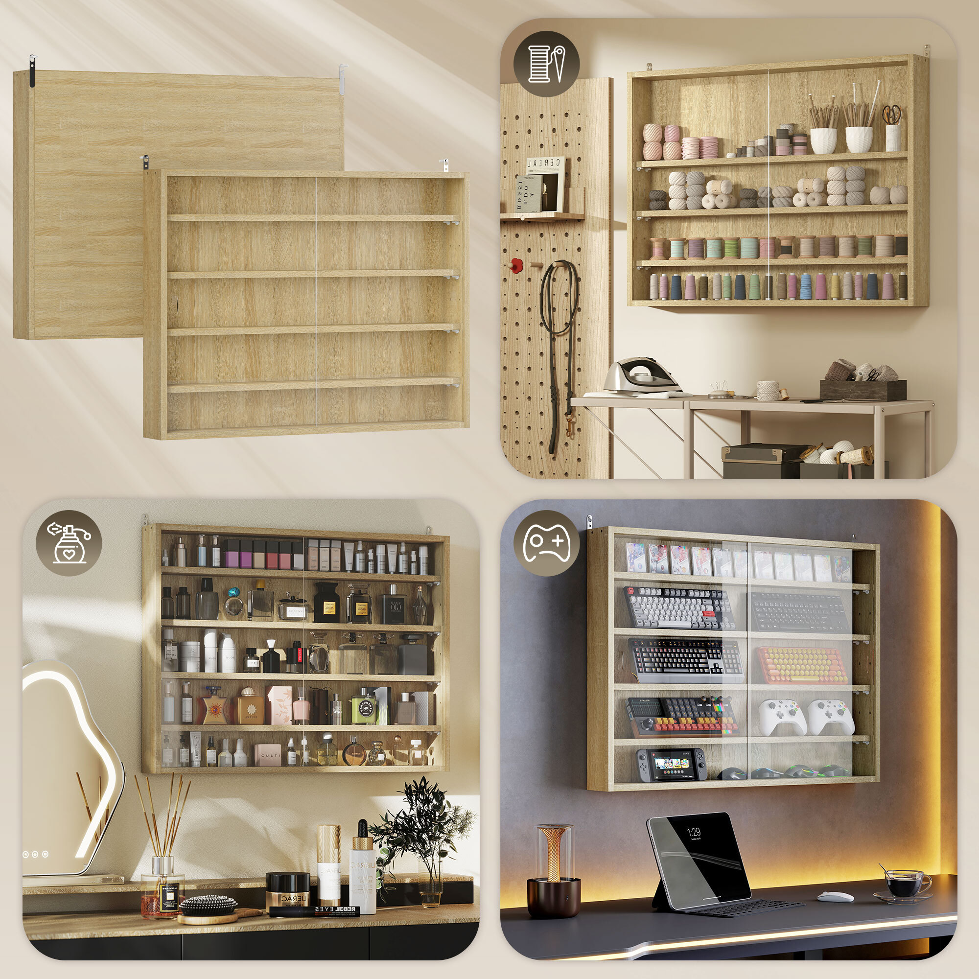 Vitrina Expositora Vitrina de Pared con Estantes Ajustables y 2 Puertas Correderas de Vidrio para Colecciones Perfumes Figuras de Decoración 80x9,5x60 cm Roble