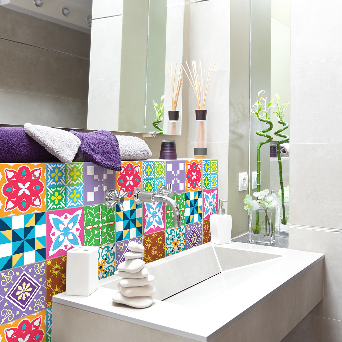 Stickers muraux - Sticker Mural Carrelage adhésif Cuisine Salle de Bain - 9 STICKERS CARREAUX DE CIMENT AZULEJOS VIZIA