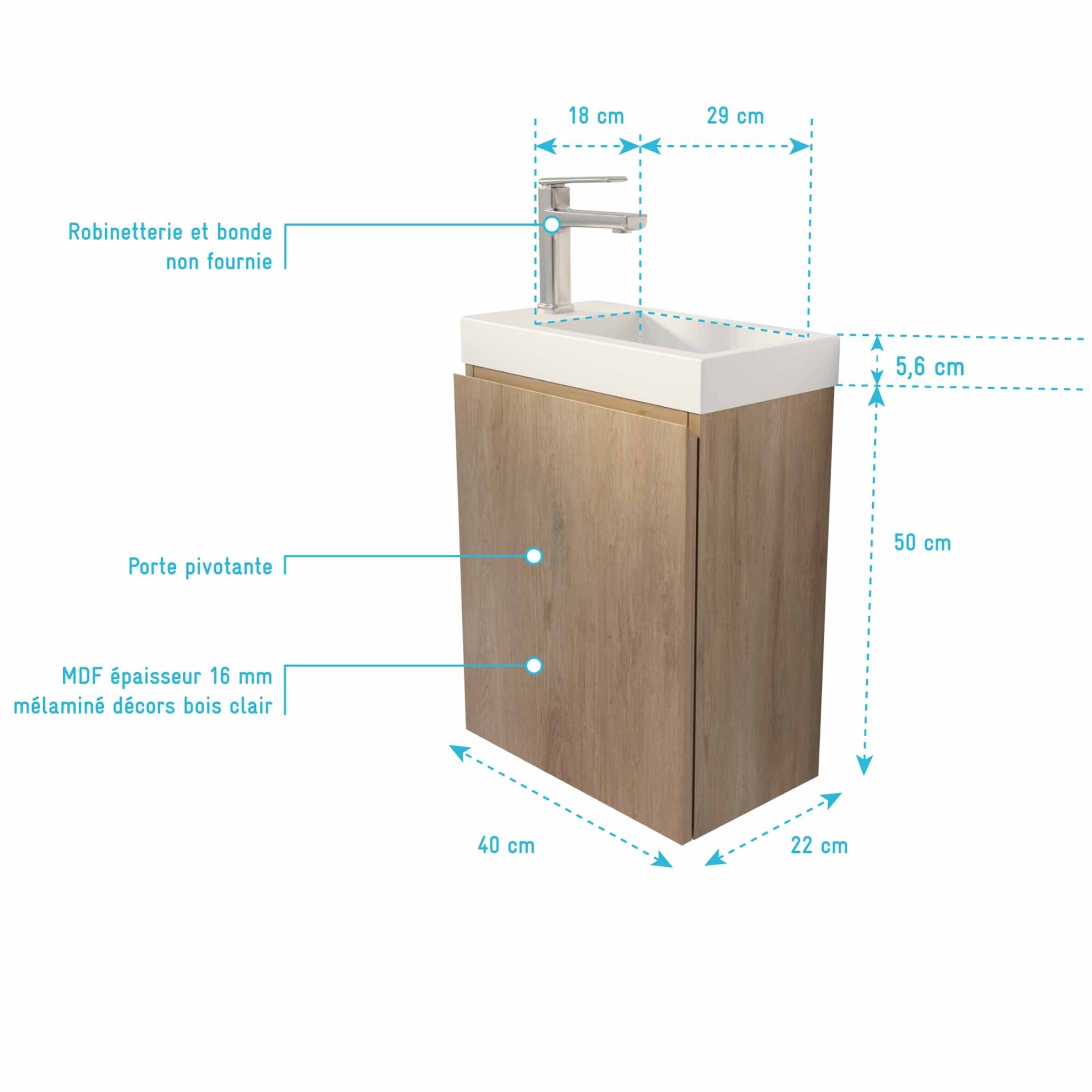 Meuble Lave Mains Décor Bois 40x50x22 cm avec Vasque en SMC Blanche - ELEMENTARY