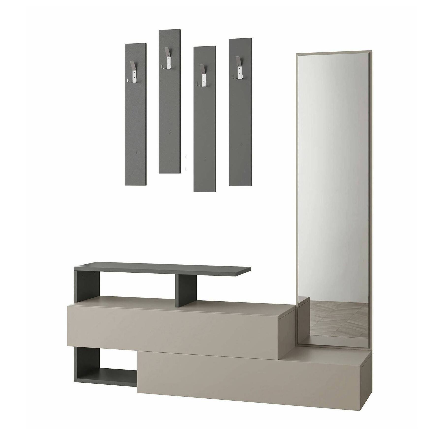 Mobile da ingresso Ascari, Entratina appendiabiti, Composizione per atrio, Consolle portaoggetti multifunzione, 137x35h55 cm, Tortora e Antracite