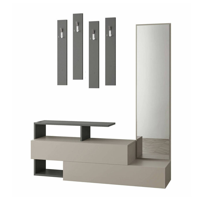 Mobile da ingresso Ascari, Entratina appendiabiti, Composizione per atrio, Consolle portaoggetti multifunzione, 137x35h55 cm, Tortora e Antracite