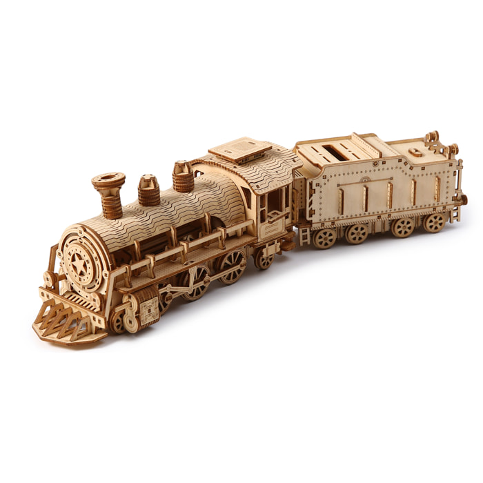 Maqueta de Madera 3D, diseño de Tren de vapor con movimiento mecánico. 282 piezas.
