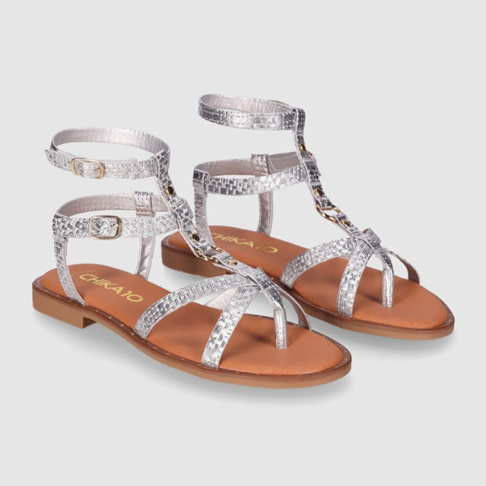 Sandalias de Piel - Plata - Tacón: Bajo