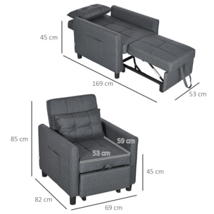 Fauteuil convertible 3 en 1 chaise longue lit dossier inclinable 3 positions coussin gris