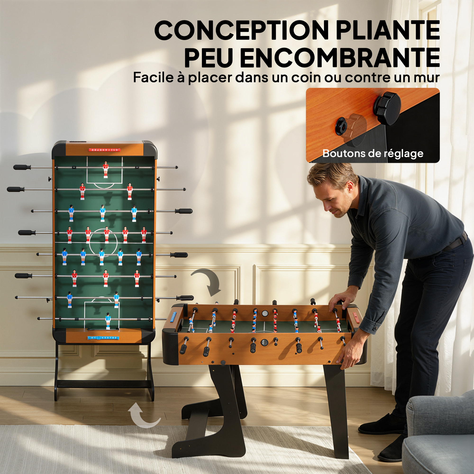 Babyfoot pliable - 22 joueurs, 2 ballons, 4 + 4 poignées, compteurs - dim. 118 x 107 x 78 cm - effet bois noir