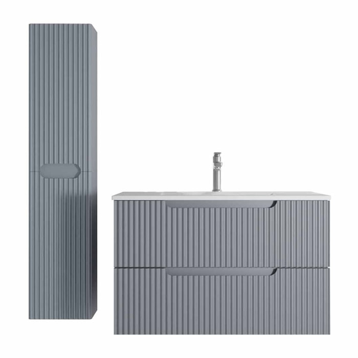 Meuble et colonne de Salle de Bains LEON 80cm Gris Souris - Façades Ondulées - Vasque Blanche Mate