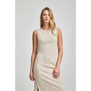 Vestito lungo beige e a coste con monogramma ricamato