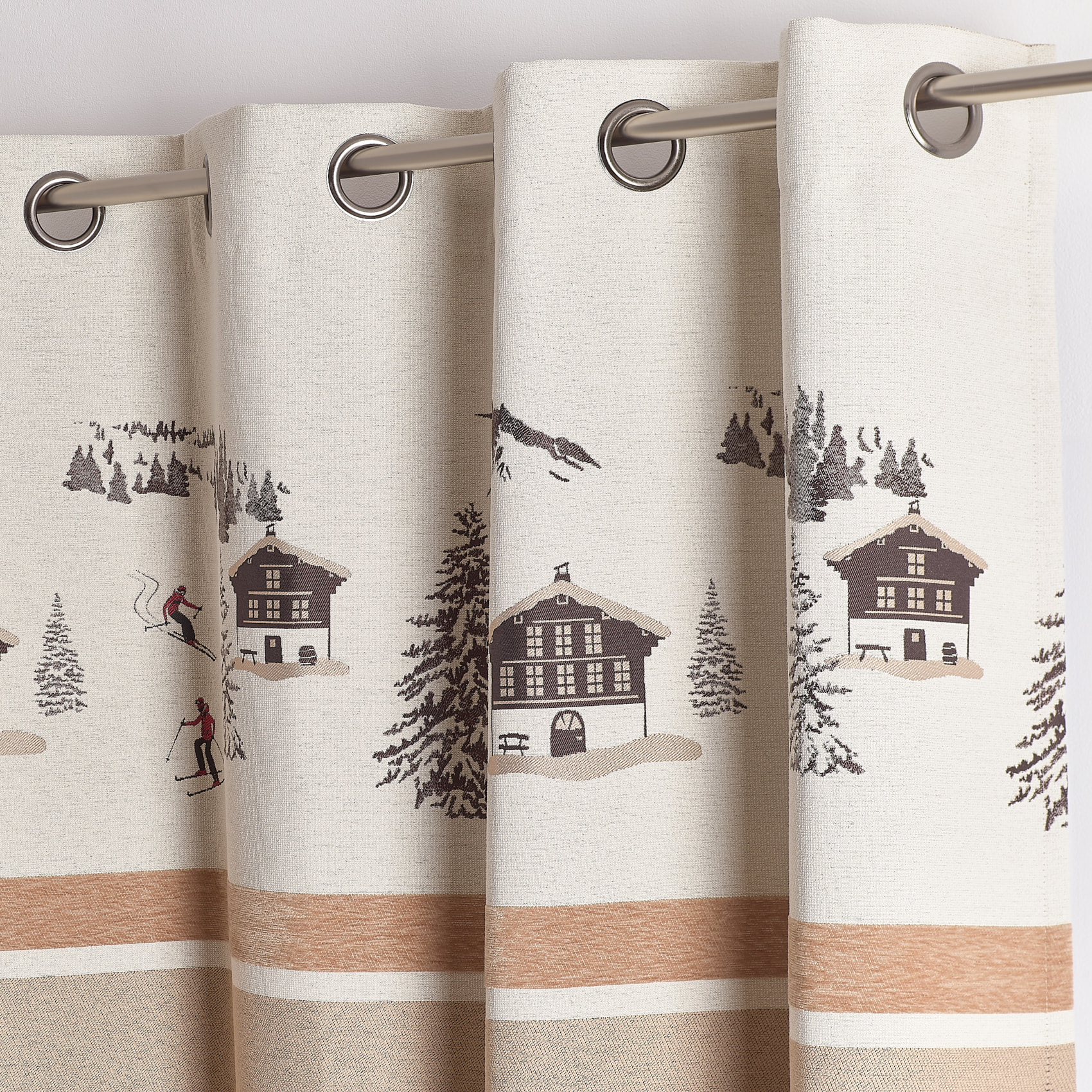 Rideau jacquard à œillets avec motif chalets et sapins - Beige