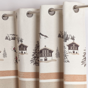 Rideau jacquard à œillets avec motif chalets et sapins - Beige