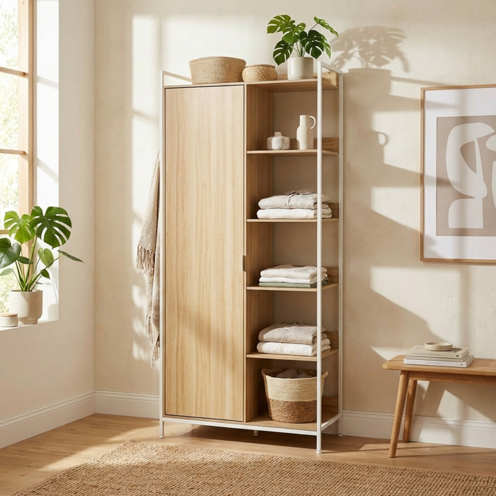 Module dressing décor bois et métal 1 penderie 6 étagères 1 porte CLEVER