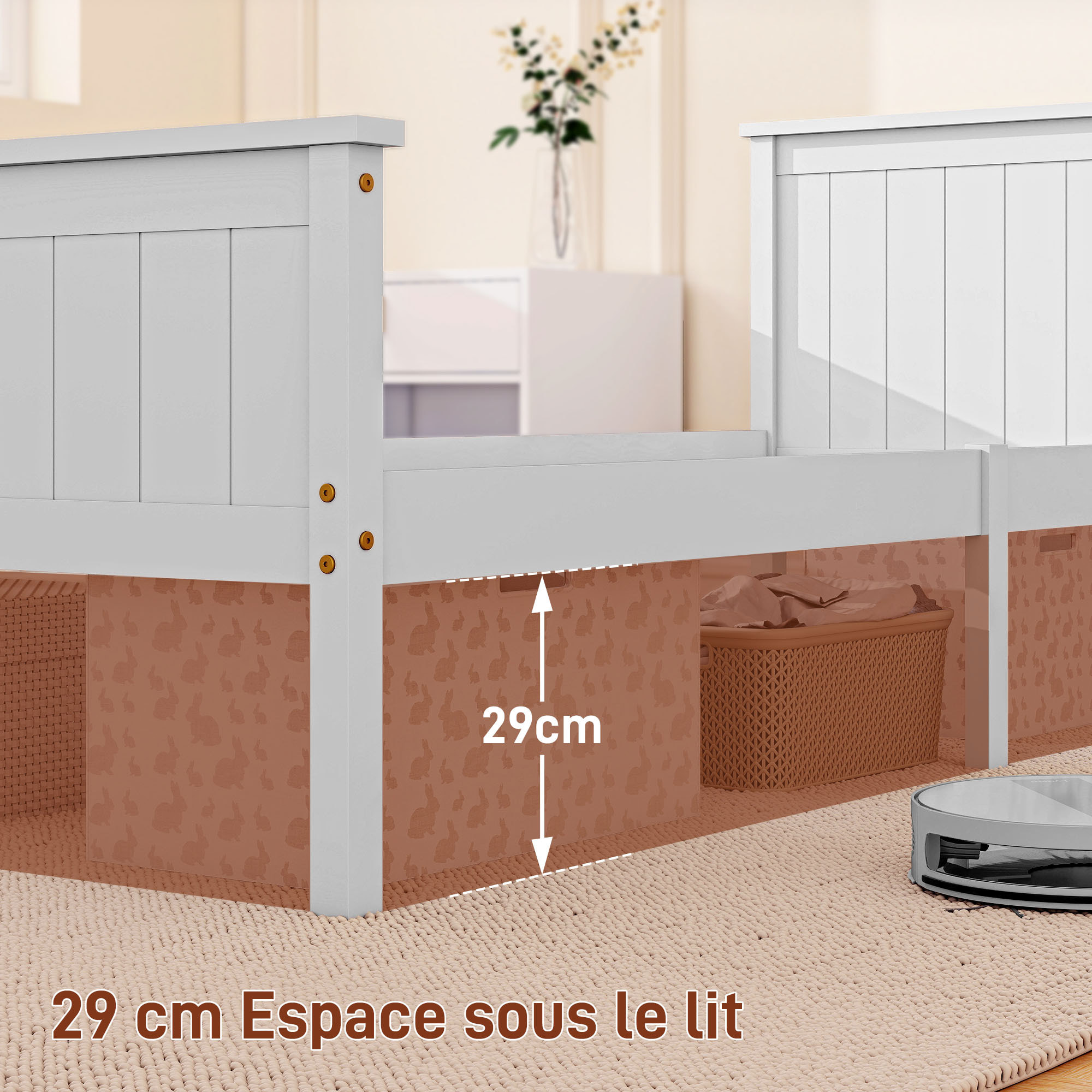 Lit simple bois de pin blanc rainuré - tête de lit, pied de lit et sommier - 210L x 98l x 82H cm - compatible matelas 200L x 140l cm