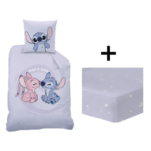 Parure de lit imprimée + drap housse 100% coton, DISNEY HOME STITCH HAPPY