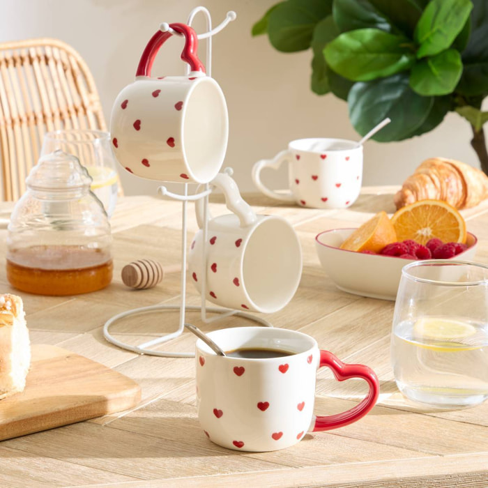 Coffret 4 mugs sur rack Valentine motif à coeurs
