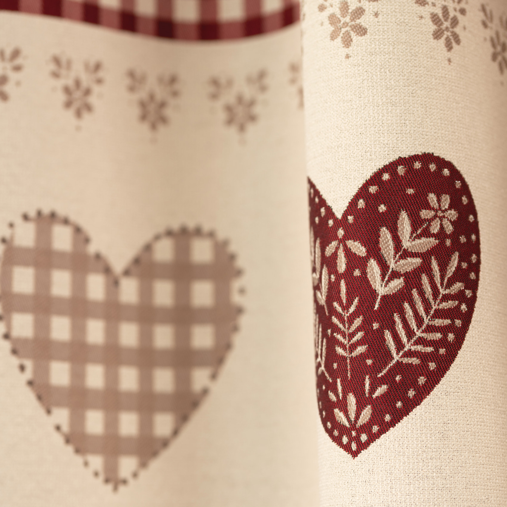 Rideau jacquard à œillets avec haut vichy et motifs cœurs - Taupe