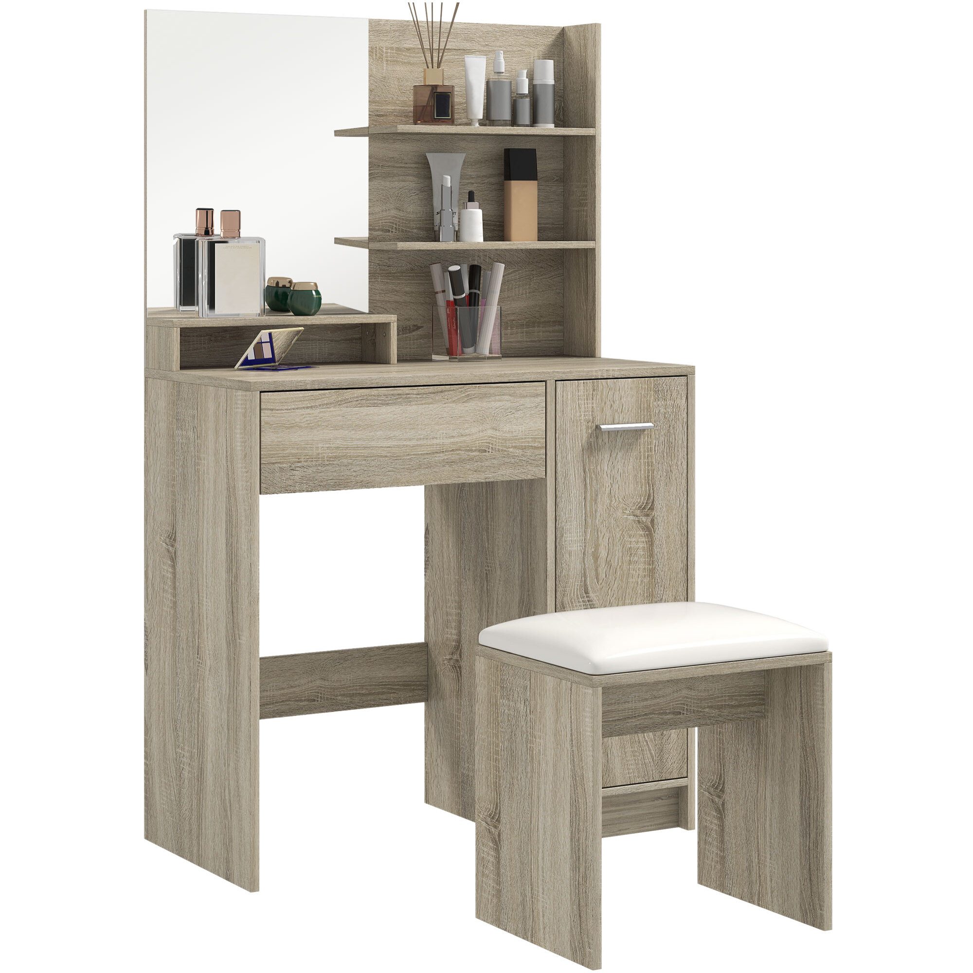 Tocador de Maquillaje con Taburete, Tocador con Espejo, Estantes Abiertos, Cajón y Estante Ajustable, Anti-vuelco, para Dormitorio, Salón y Vestidor, Natural