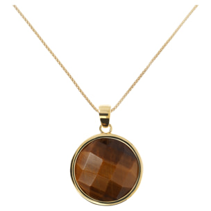 Collana in Argento 925 placcato Oro Giall 18Kt con Catena Coreana e Pendente Tondo in Occhio di Tigre Marrone