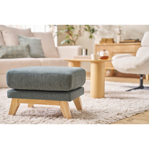 Pouf repose-pieds déhoussable scandinave en tissu vert de gris et bois clair OSLO