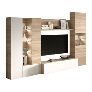 Parete attrezzata Raleigh, Mobile da soggiorno porta TV modulare, Composizione salotto con pensili e vetrine e luce led, cm 260x42h185, Rovere e Bianco